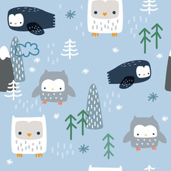 Wall Mural - Winter seamless pattern with funny owls. Kids print. Vector hand drawn illustration.