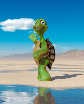turtle cartoon is saying hi on the desert after rain