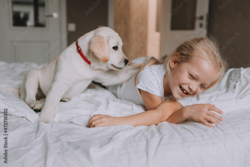 portrait of a little blonde girl lying in bed with her beloved dog in ...