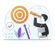 Concept of career advice. Man looks at his target through binoculars. Assignments, dreams. Employee looking for new position. Selfdevelopment, obtaining useful skills. Cartoon flat vector illustration
