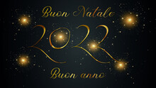 Carta O Banner Per Un Buon Natale E Un Felice Anno Nuovo 2022 In Oro Su Sfondo Nero Con Glitter E Stelle In Colore Oro