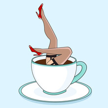 Creative Conceptual Vector Illustration. Pinup Vintage Retro Woman Wearing Stockings And High Heels In A Cup Of Coffee.