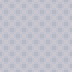 Wall Mural - Minimalist geometric floral pattern. Vector seamless background with small flowers, leafs in regular grid. Simple minimall ornament. Abstract soft blue and pink colored texture. Repeated geo design