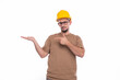 © Alex - Builder Holding Hand to Side Pointing at It Isolated. Man Construction Worker Sign. Advertisment, Commercial, Business concept