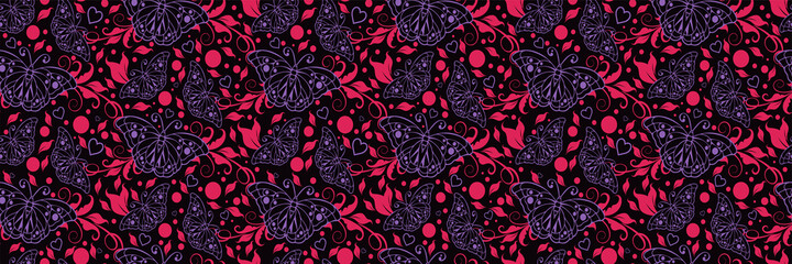 Poster - Colorful background pattern with floral ornaments and butterflies on a dark background for your design projects, seamless pattern, wallpaper textures with flat design. Vector illustration