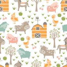 Cute Baby Farm Animals Seamless Pattern With Horses, Cows, Pigs, Sheep, Ducks And Fun Striped Barns In Soft Muted Tones.  