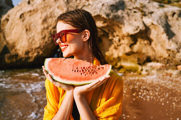 Wall Mural - pretty woman with watermelon outdoors summer vacation