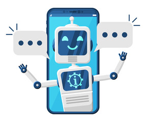 Poster - Smartphone with Chat Bot Speak in Bubble on Screen. Robot with Speech Window. Chatbot Greets. Online Support Bot. Artificial Intelligence, AI Helper Service Support Assistant. Flat Vector Illustration