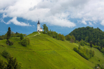 Sticker - Europe, Slovenia, Jamnik. Church of St. Primus and St. Felician on mountaintop.