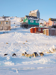 Wall Mural - The traditional and remote Greenlandic Inuit village Kullorsuaq located at the Melville Bay, in the far north of West Greenland, Danish territory