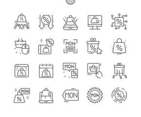 Poster - Cyber Monday. Online shopping day. Sale and discount. Promotion, special price. Pixel Perfect Vector Thin Line Icons. Simple Minimal Pictogram
