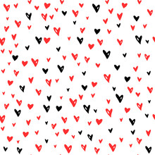 Vector Seamless Abstract Pattern Of Small Red Black Hearts. Hand Drawn Doodle Background, Texture For Textile, Wrapping Paper, Valentines Day.