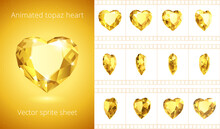Rotating Topaz Heart. Golden Crystal Valentine. Vector Sprite Sheet For GIF Animation. Looped Sequence, 12 Frames Per Second. Set Of Realistic Yellow Jewels. Isolated Clipart