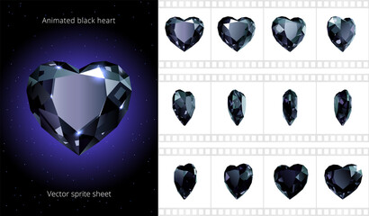 Luxury black crystal heart. Faceted obsidian Valentine. Vector sprite sheet of rotating gem. Looped sequence for GIF, flash and HTML animation. 12 frames per second. Set of jewels. Isolated clipart