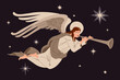 A flying winged angel with a trumpet and a star of Bethlehem, a heavenly messenger, for Christmas cards, posters. Color vector illustration on a dark background in a cartoon and flat design.