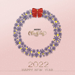 Poster - Christmas card with snowflakes wreath on grey background, Vector illustration of New Year 2022 greeting and Winter holiday season postcard, brochure, banner