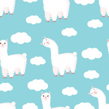 Seamless Pattern With Funny Llama And Clouds On A Blue Background. Vector Illustration Suitable For Baby Texture, Textile, Fabric, Poster, Greeting Card, Decor. Cute Alpaca From Peru.