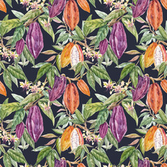 Beautiful seamless tropical pattern with hand drawn watercolor cocoa fruits and leaves. Stock illustration.