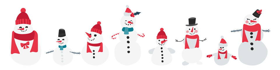 Wall Mural - Set of cute Christmas snowmen in hats and scarves. Set of winter holidays snowman. Cheerful snowmen in different poses characters, flat vector cartoon isolated set.