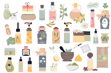 Poster - Spa and organic cosmetics isolated elements set. Collection of different types of bottles with skin care products, fruits, herbs and flowers compositions. Vector illustration in flat cartoon design