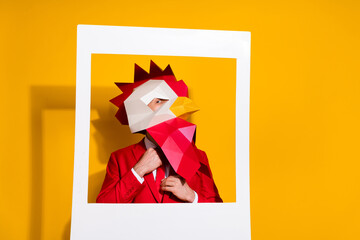 Canvas Print - Photo of executive guy fix necktie snapshot retro focus wear cock polygonal mask red tux isolated yellow color background