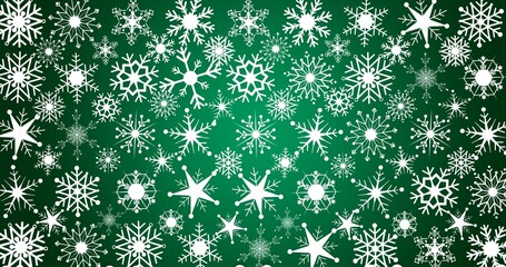 Sticker - Full frame shot of white snowflakes and star shapes on green background