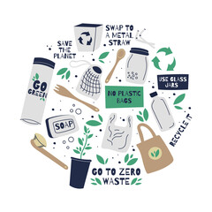 Plastic free products flat vector illustrations set in circle. Reusable and recyclable eco friendly items isolated cliparts. Zero waste Bag, Container, Bottle and Others
