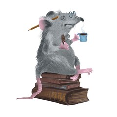 Fairy-tale character - a humorous gray mouse sits on books with a cup of coffee and a pencil on a white background.