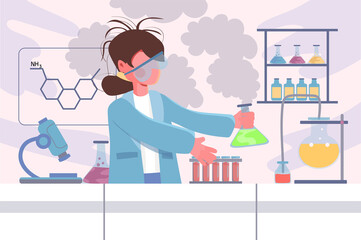Laboratory research on lab equipment background. Young girl makes dangerous chemical experiment with explosion and smoke. Interior with tubes and flasks. Vector illustration in flat cartoon design