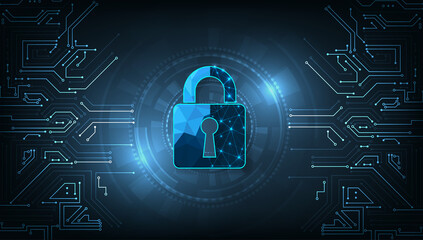 Wall Mural - Internet security and Data prevent concept.Security Padlock lock  icon on dark blue background.Technology for online data access defense against hacker and virus.Technology security concept. 