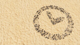 Fototapeta Przestrzenne - Concept or conceptual stones on beach sand handmade symbol shape, golden sandy background, clock icon. 3d illustration metaphor for time, countdown,  chronometer,  business and deadline