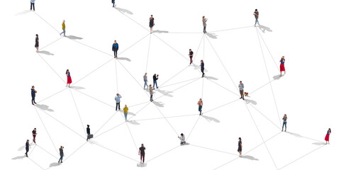 Aerial view of crowd people connected by lines, social media and communication concept