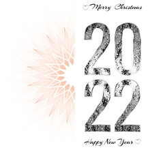 Happy New Year 2022. On The Right Are Numbers With Black And White Shiny Glitter In The Form Of Tiger Stripes. In The Background Abstract Orange Snowflake. Perfect For New Year's Cards, Invitations.