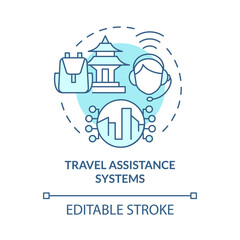 Travel assistance system blue concept icon. Passengers support app. Digitalization of tourism abstract idea thin line illustration. Vector isolated outline color drawing. Editable stroke