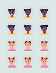 Poster - Different girls face expressions semi flat color vector character avatar set. Portrait from front view. Isolated modern cartoon style illustration for graphic design and animation pack