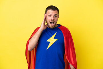 Wall Mural - Super Hero Brazilian man isolated on yellow background with surprise and shocked facial expression