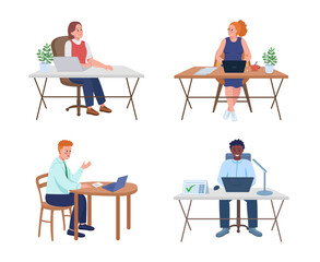Poster - Employee at desk semi flat color vector character set. Posing figure. Full body people on white. Corporate work isolated modern cartoon style illustration for graphic design and animation pack