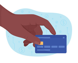 Poster - Taking blue credit card 2D vector isolated illustration. E commerce transaction. Pay wireless. Holding plastic card flat first view hand on cartoon background. Cashless payment colourful scene