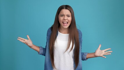 Poster - Kid girl hate scream yell arguing isolated sky light color background