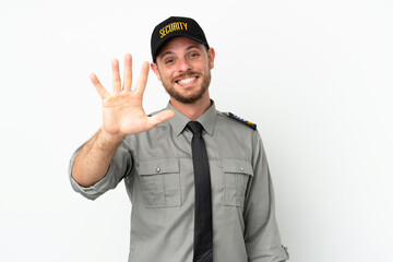 Wall Mural - Young security Brazilian man isolated on white background counting five with fingers