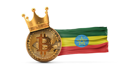 Wall Mural - Bitcoin with gold crown and Ethiopia flag. Cryptocurrency king concept. 3D Rendering