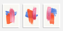 Collection Of Vertical Minimalistic Poster Templates With Blue, Orange And Pink Paint Traces, Daub, Scribble Or Brush Strokes. Modern Artistic Vector Illustration