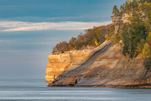View Of Bridalveil Falls And Cliffs Along Lake Superior Coastline In Autumn, Pictured Rocks National Lakeshore, Upper Peninsula Of Michigan.
