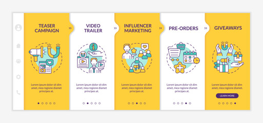 Startup promotion campaign onboarding vector template. Responsive mobile website with icons. Web page walkthrough 5 step screens. Small business color concept with linear illustrations