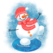Cute Snowman With Hat And Scarf. Illustration Isolated On White Background. Christmas Design For Printing. Can Be Used For Stickers, T-shirts, Mugs, Scrapbooking, Planners, Pillows, Greeting Card