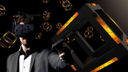 Businessman in elegant gray suit with VR headset and controller and Orange illuminated Hot Iron Cube. Blockchain network technology concept illustration. 3D illustration. 3D high quality rendering. 