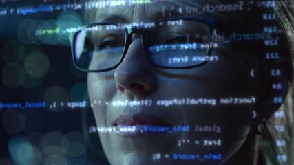 Aufkleber - Portrait of Female Startup Digital Entrepreneur Working on Computer, Line of Code Projected on His Face and Reflecting in Glasses. Developer Working on Innovative e-Commerce App using AI and Big Data