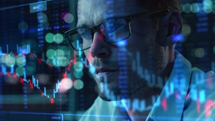 Aufkleber - Stock Market Trader Working Investment Charts, Graphs, Ticker Numbers Projected on His Face and Reflecting in Glasses. Financial Analyst, Digital Entrepreneur doing Social Trading with Innovative App
