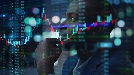 Aufkleber - Portrait of Black Stock Market Trader Doing Analysis of Investment Charts, Graphs, Ticker Numbers Projected on His Face. African American Financial Analyst, Digital Entrepreneur Successfully Trading