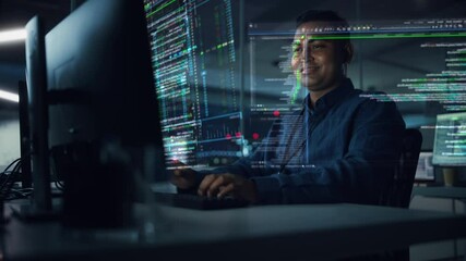 Poster - Futuristic Office with Hologram Screens: Professional Indian IT Programmer Working on Computer with Holographic Projection Showing Big Data, Charts. Asian Specialist Creating Innovative Software